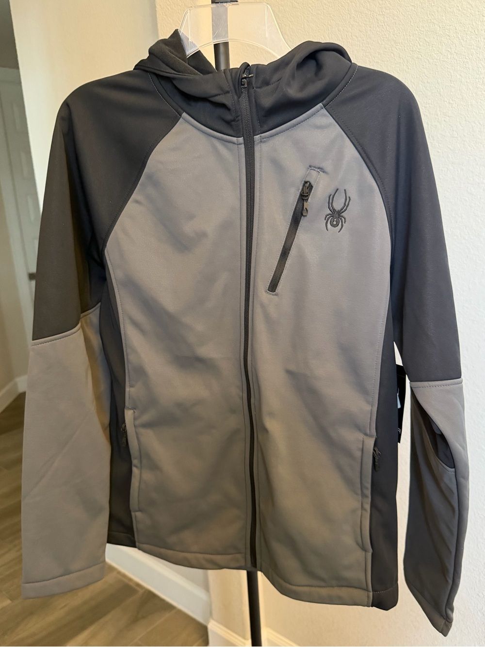 Spyder Men's Two-Tone Gray Hooded Full Zip Soft shell Polar Jacket S MSRP: $149